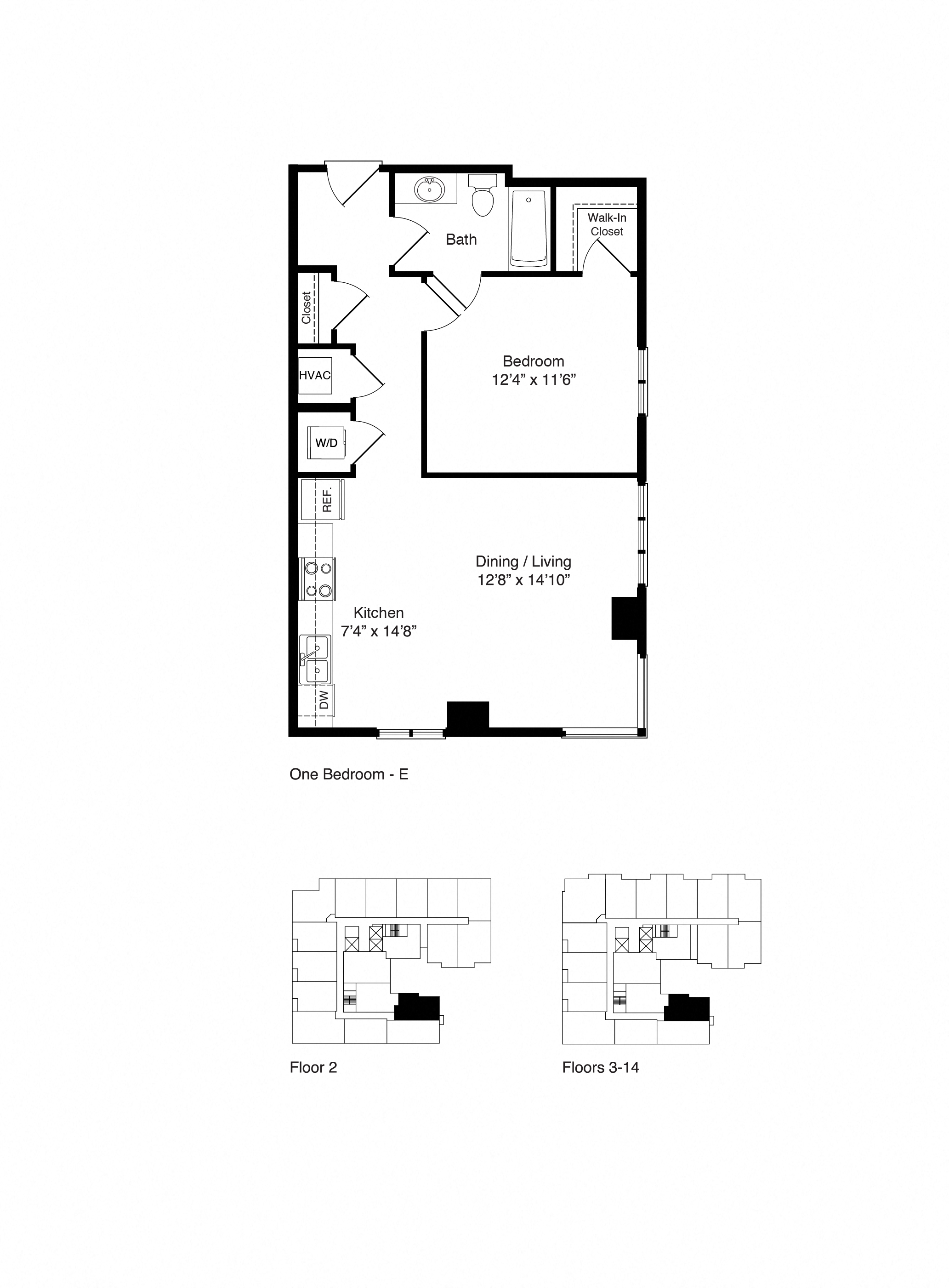 Floor plan for 1 bed, 1 bath, 693 sqft